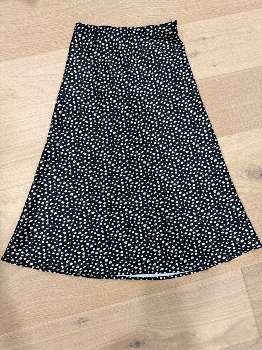 Lulu's Black A-Line Midi Skirt with Cream Flowers/Dots Print